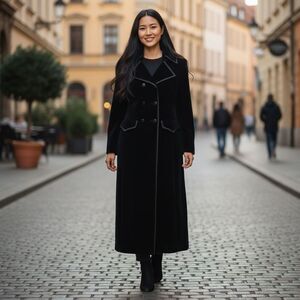 Vintage Gothic Style Velvet Velour Women's Black Trench Coat Size S